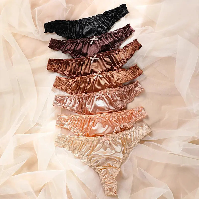 7-pack Simples Market satin ice silk seamless no-show panties with frill trim in black, burgundy, copper, peach, beige