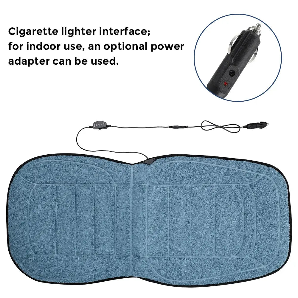 Massager chair pad with heating and vibrating back support; blue fabric cushion with car cigarette-lighter adapter