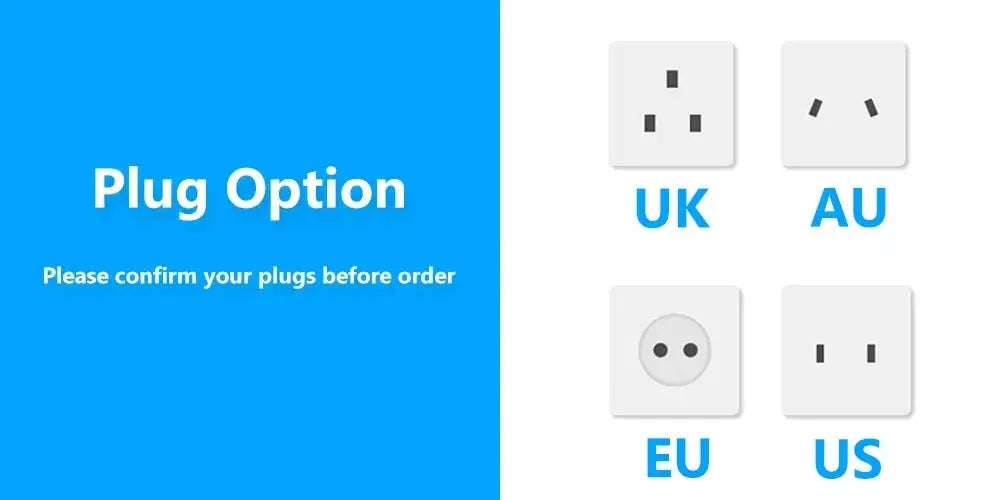 Plug option diagram showing UK AU EU and US electrical sockets