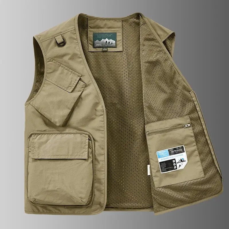 Men's khaki fishing vest, sleeveless with multiple cargo pockets and mesh lining.