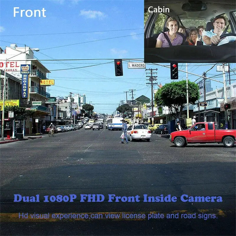 3-channel car dash cam with front and inside cabin views, 1080P FHD recording.