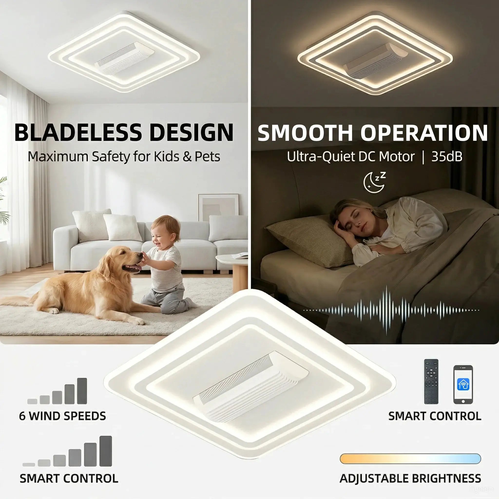 Two Simples Market bladeless LED ceiling fan chandeliers in white with square ring design; remote and smart control.