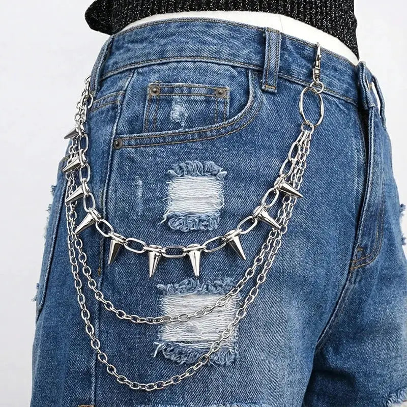 PunkPulse Layered Spike Rivet Metal Chain Belt Keychain For Unisex Biker Goth Style Jeans And Pants