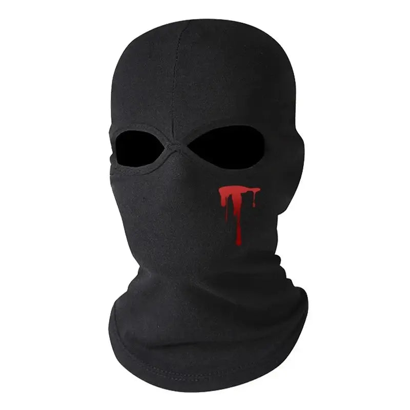 Balaclava mask, black full-face with eye openings and red dripping logo