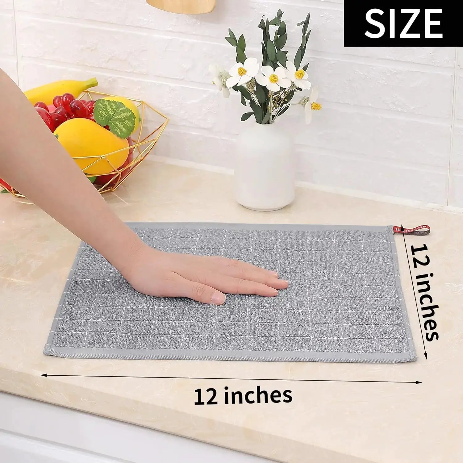 Simples Market 6-pack cotton terry dish cloths, gray grid pattern, 12x12 inches