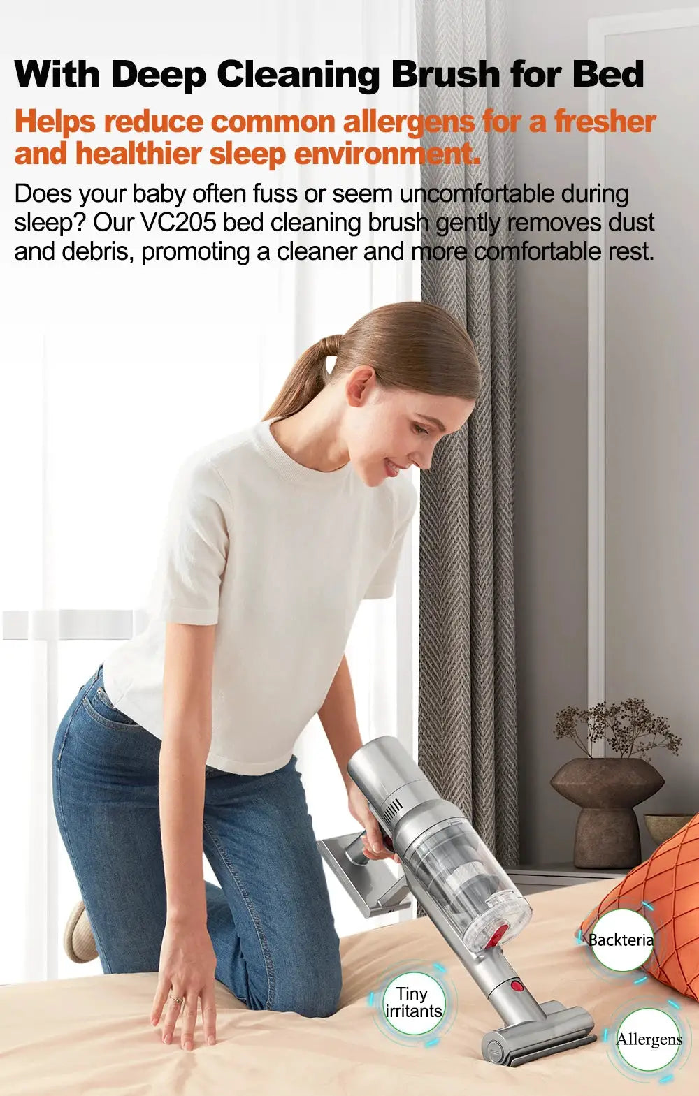Simples Market ABIR VC205 cordless handheld vacuum, silver, 27000Pa, touch screen for home bed carpet cleaning.