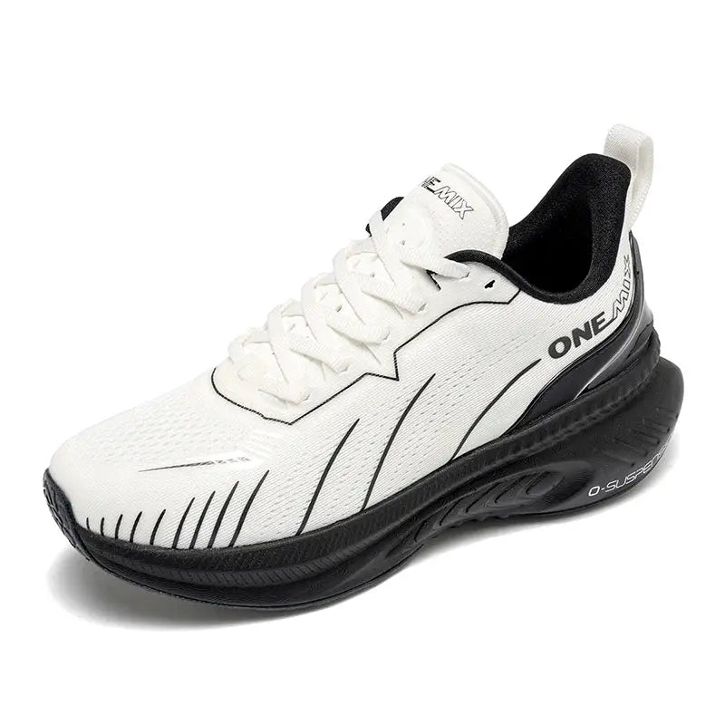 ONEMIX white cushioning running shoes, lace-up, with black sole and breathable mesh upper