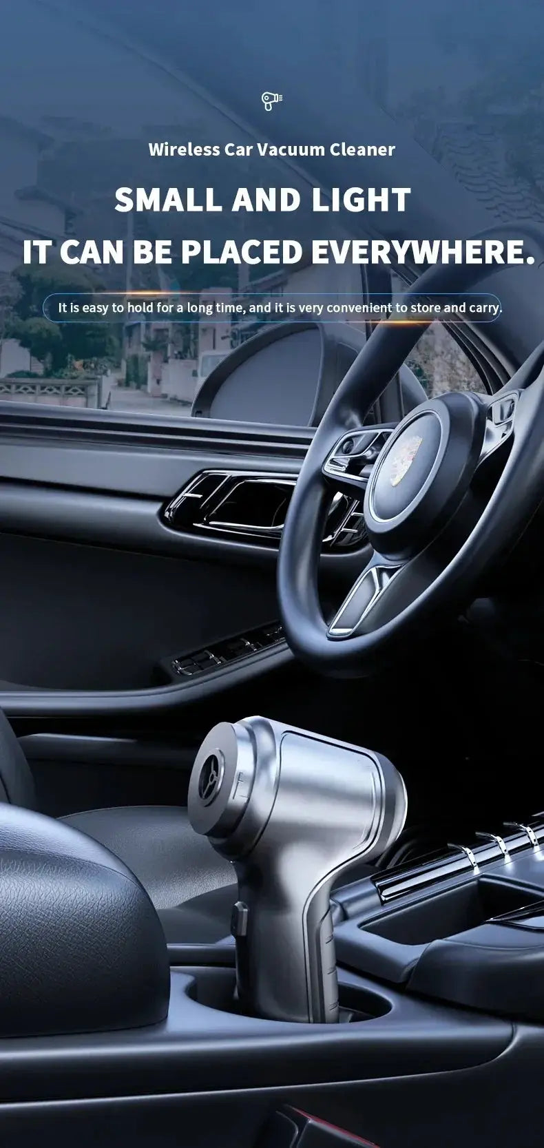 Wireless car vacuum cleaner, compact silver handheld with strong suction