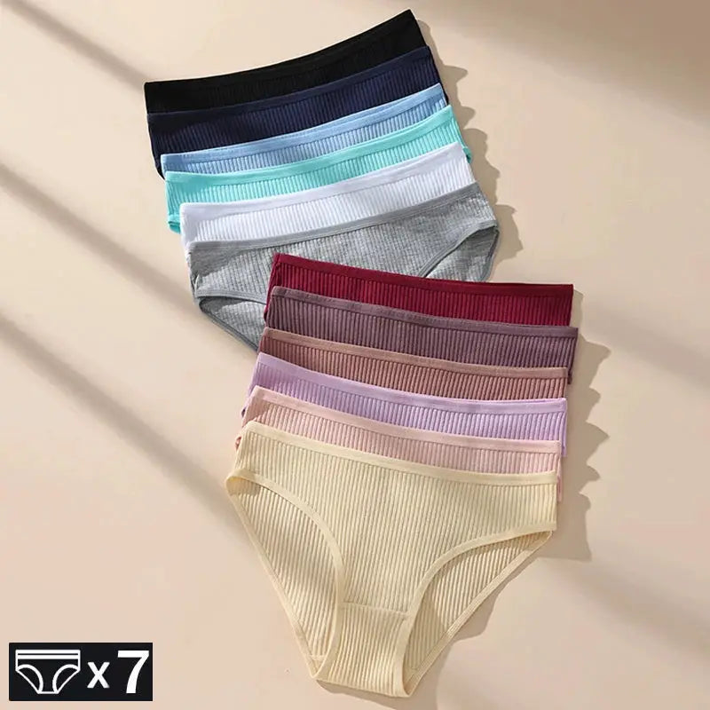Women's ribbed cotton low-rise briefs, 7-pack, in assorted solid colors.