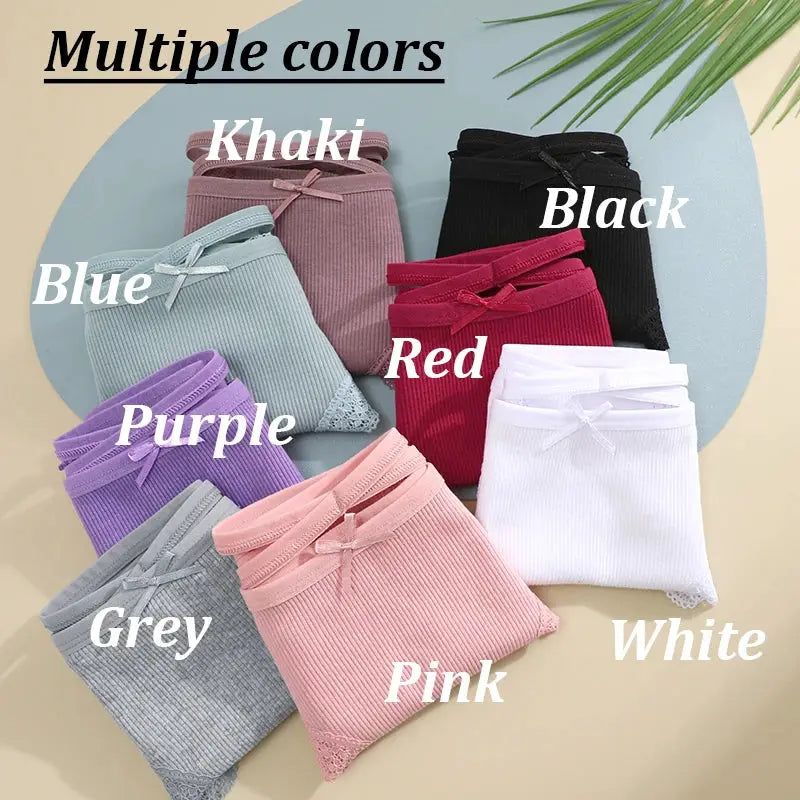 5PCS women's cotton briefs with lace bow in multiple colors.