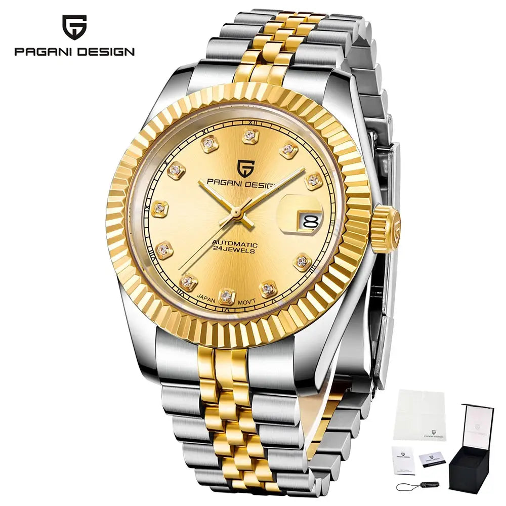 Pagani Design two-tone automatic watch with Jubilee bracelet, gold dial, crystal hour markers and date window