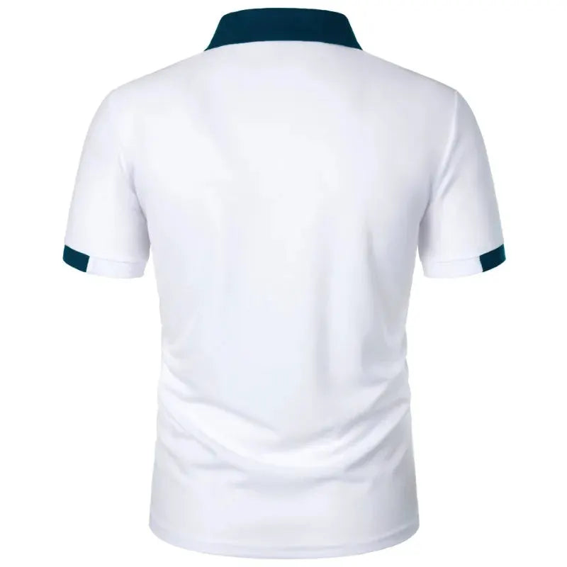 Men's white polo shirt by Simples Market with teal collar and sleeve cuffs