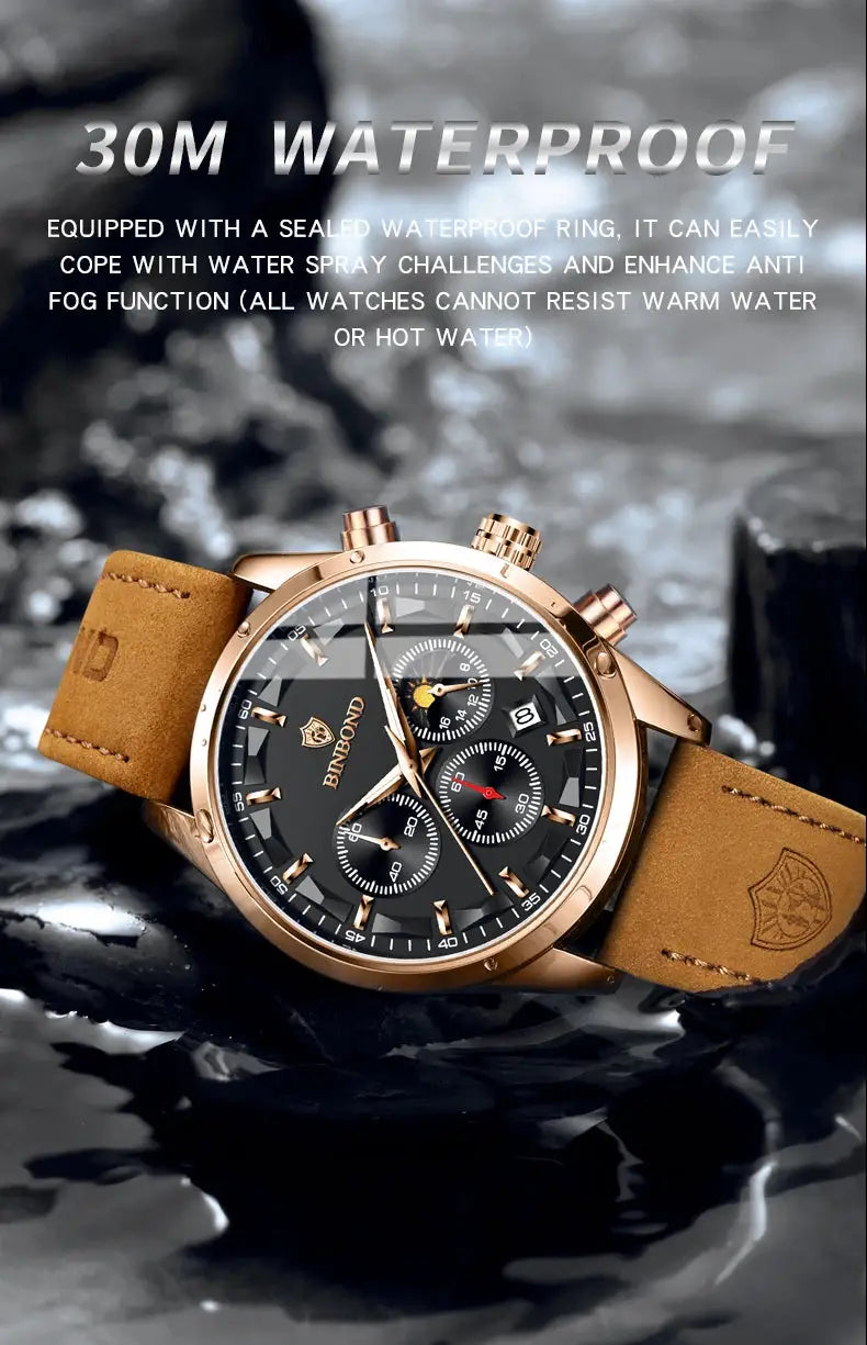 BINBOND men's chronograph watch with rose-gold case, black dial, and tan leather strap