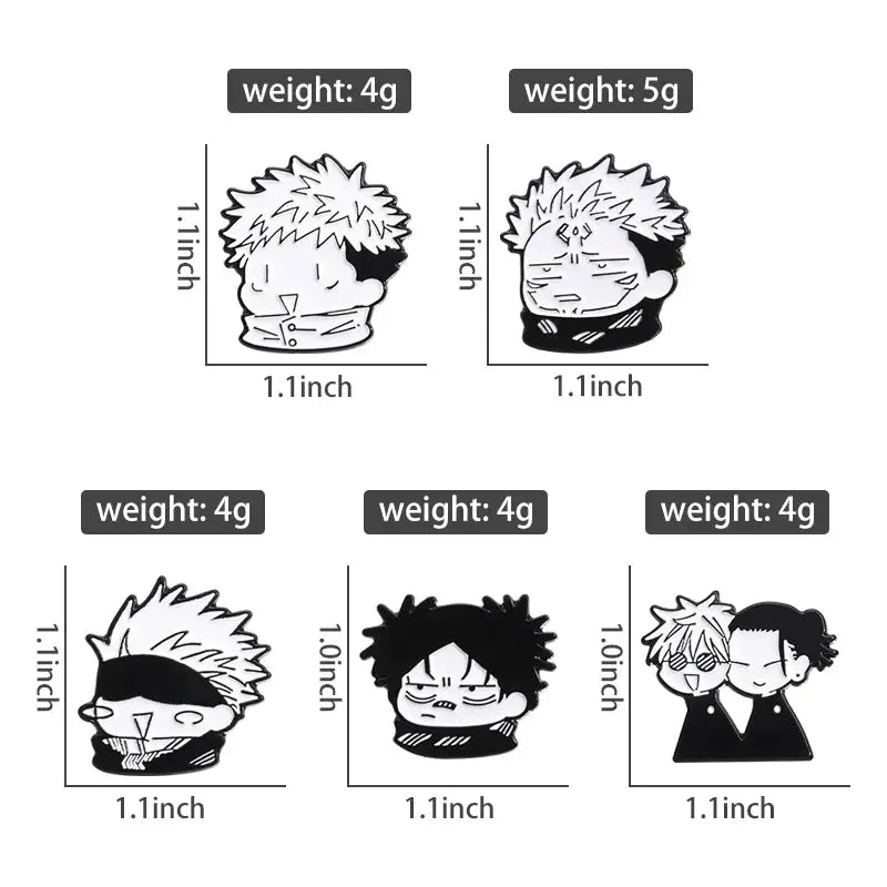 Cartoon anime enamel pin set of 6; chibi black-and-white designs, each about 1.1 inches, weight 4–5 g.