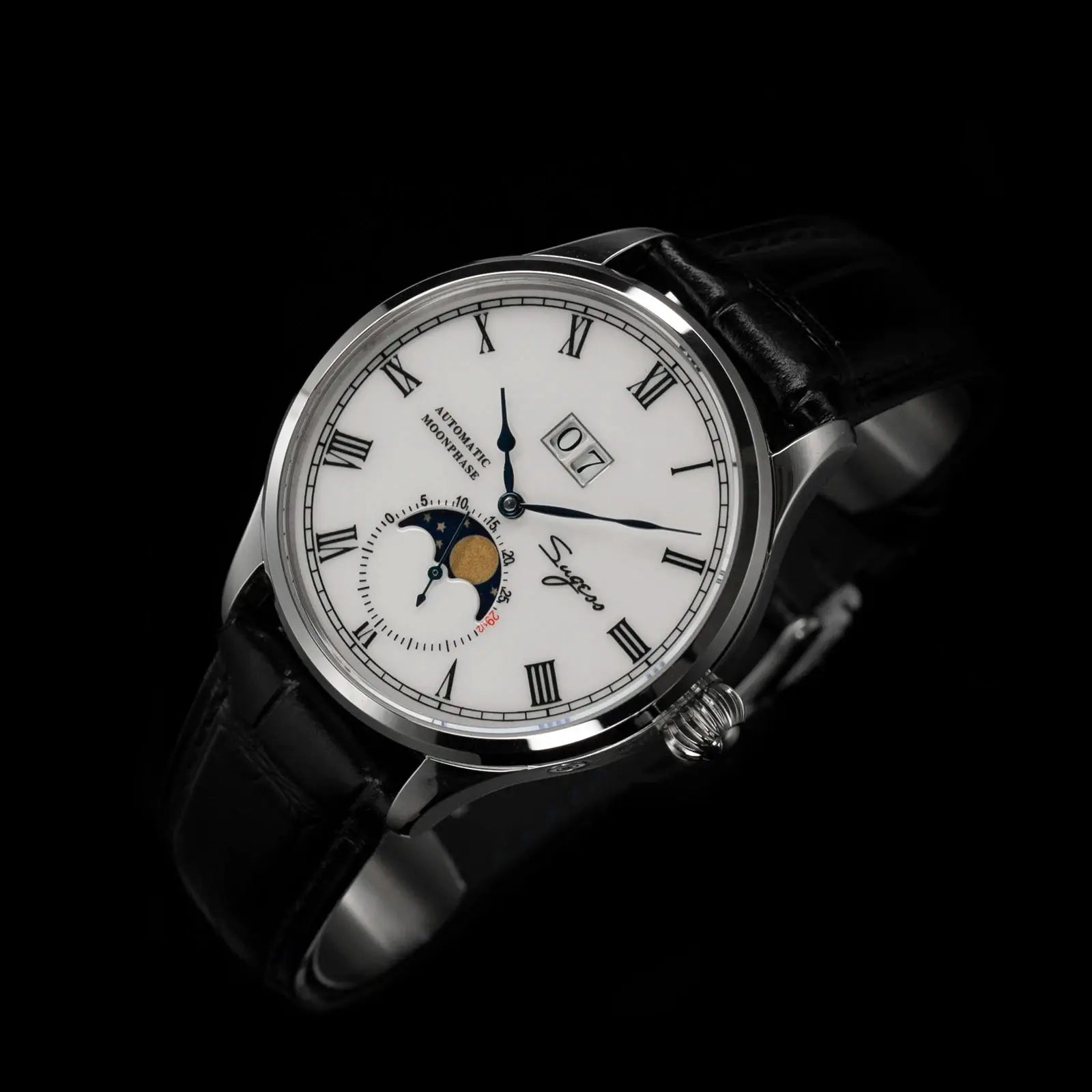 Sugess Tianjin ST25 automatic moonphase wristwatch with white dial, Roman numerals, silver case, black leather strap