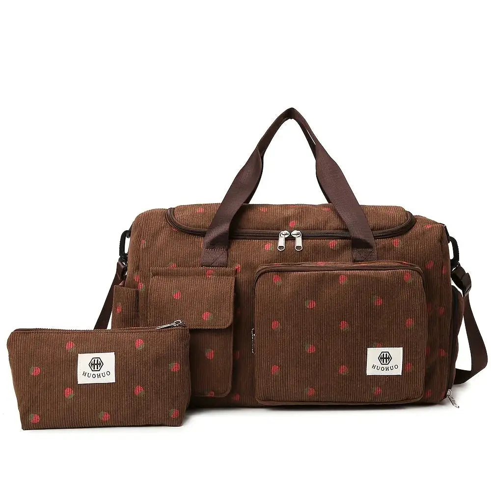 Brown corduroy strawberry travel bag with red berry print; bag and pouch, HUOHUO patches, lightweight crossbody.