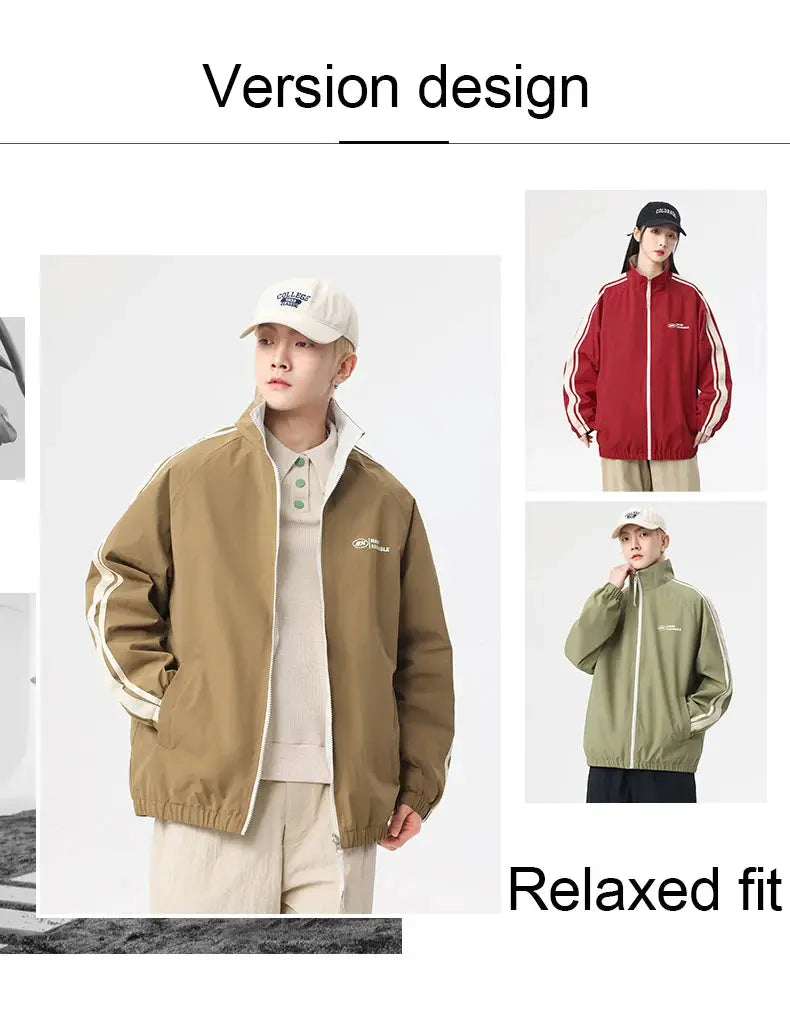 Reversible outdoor jacket by Simples Market; tan/brown windproof coat with white zipper; red/olive color variants shown.