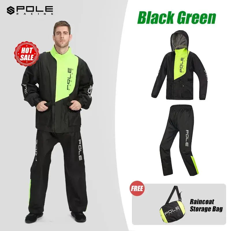 POLE motorcycle raincoat set in black with neon green panels; breathable, waterproof; includes pants and bag.
