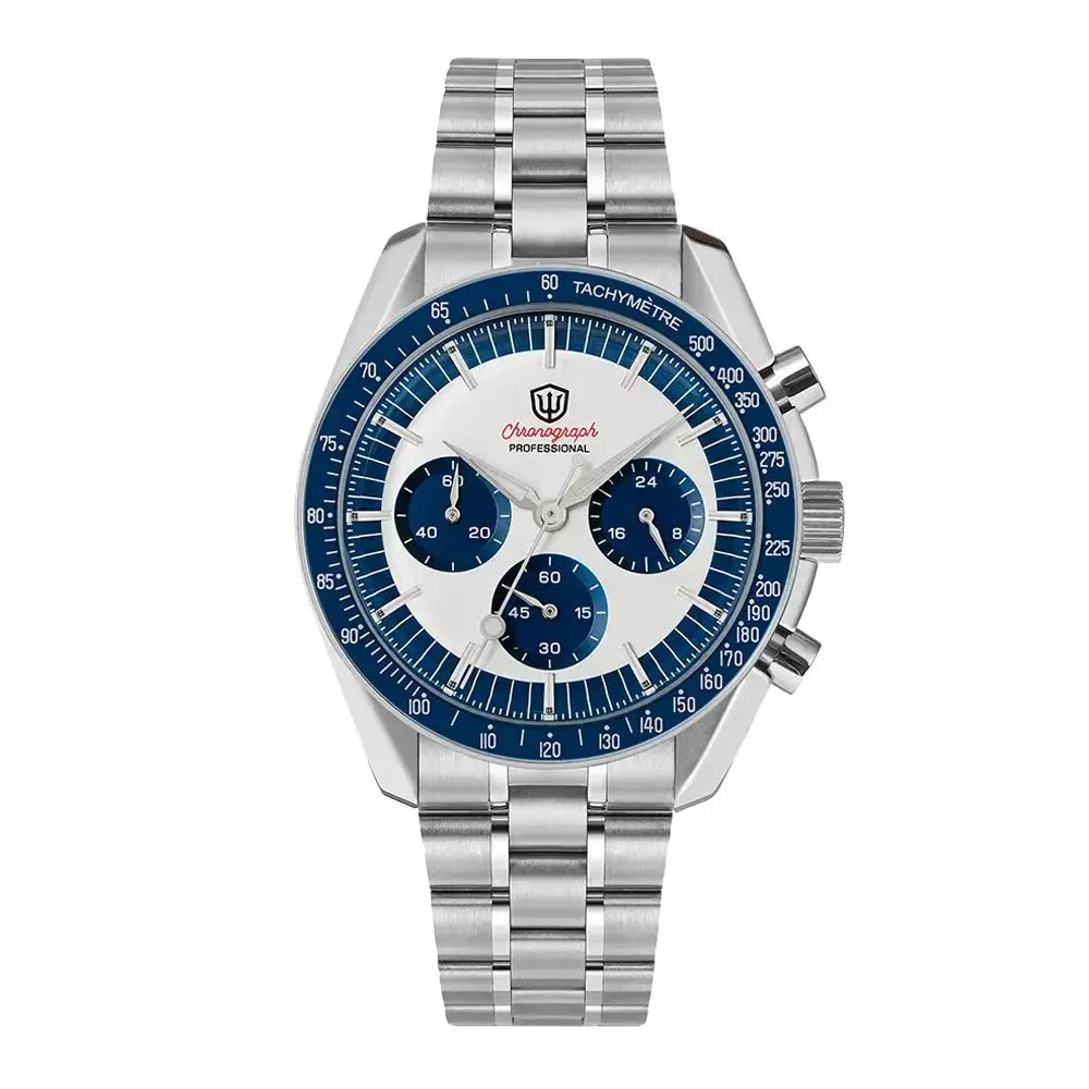 Watch stainless steel men's chronograph with blue bezel, white dial and blue subdials on a silver link bracelet