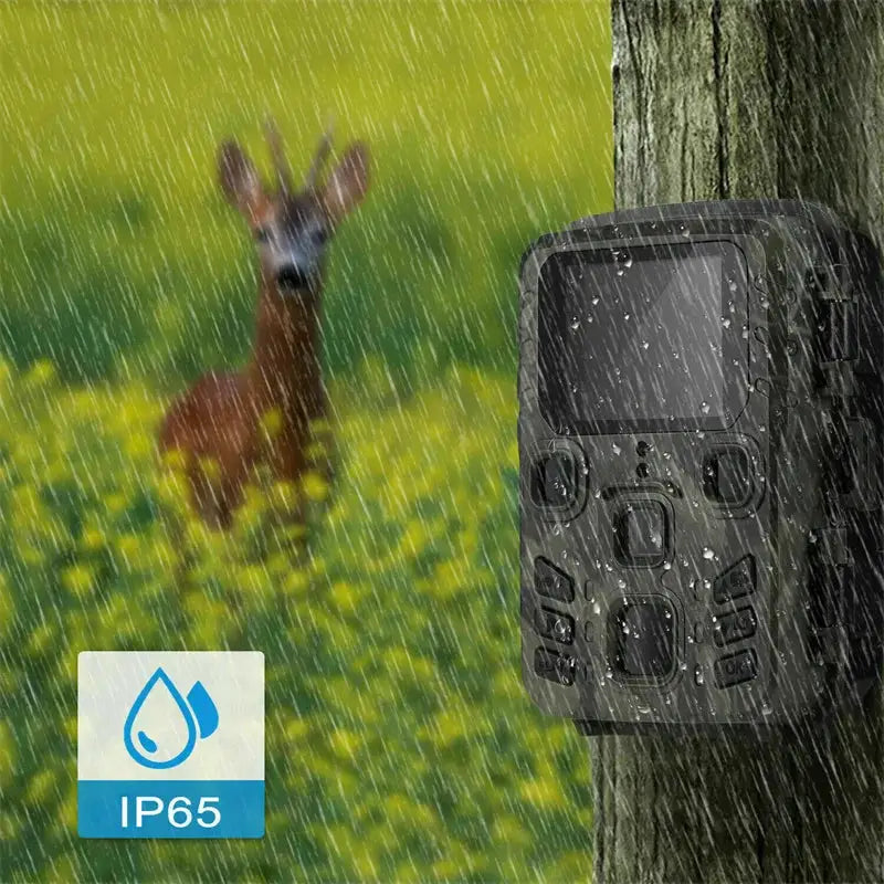 Suntekcam trail camera, black waterproof unit mounted on a rain-soaked tree with IP65 rating badge.