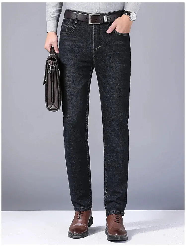 Men Straight Jeans Slim Fit Stretch Denim Trousers Business Casual