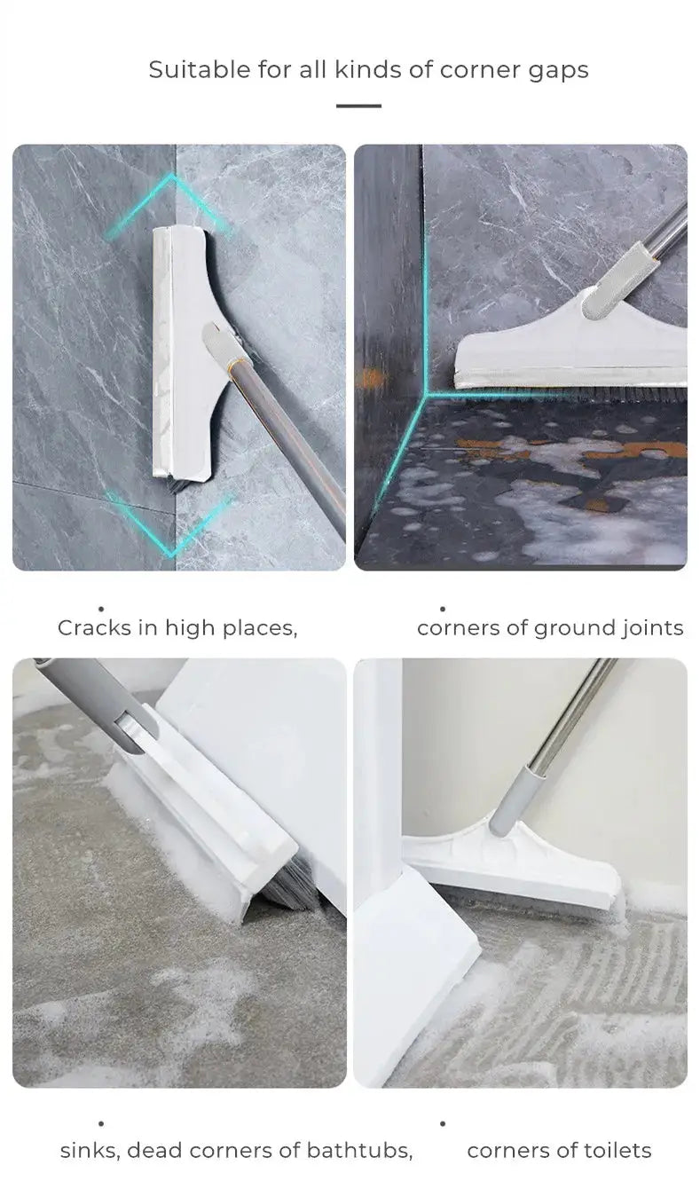 Bathroom floor cleaning brush with long handle and flat rectangular head for tile corners and walls.