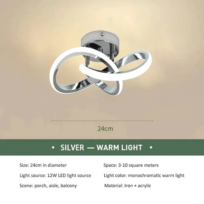 LED ceiling light fixture in silver with intertwined loop design, warm white LED, 24 cm diameter