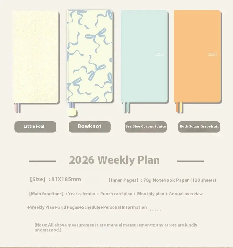 Kinbor 2026 Weekly Planner pocket notebook set of 4 with cream, Bowknot, Sea Blue Coconut Juice.