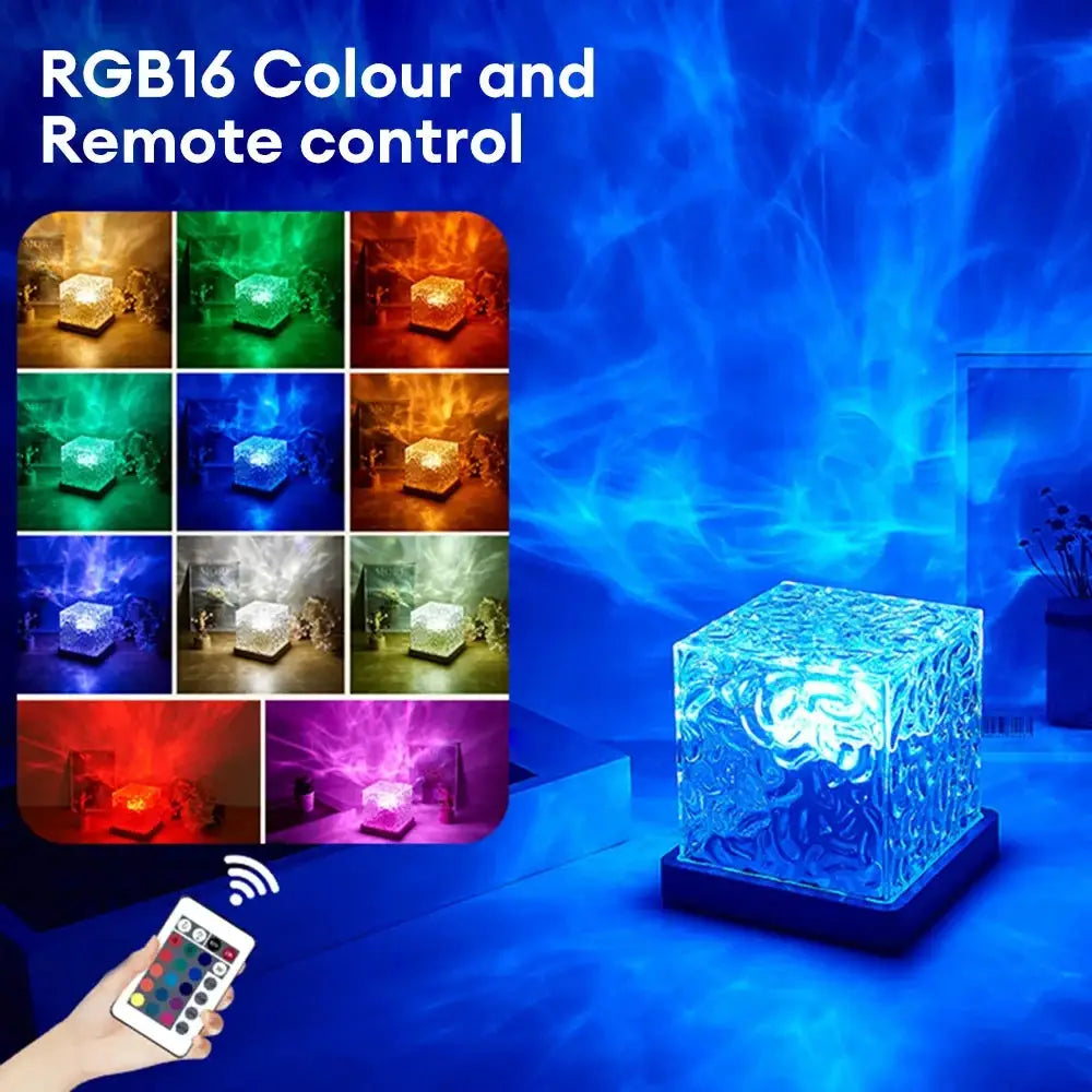 LuminaZen Water Ripple Night Light Dynamic Rotating 3D Crystal Flame Projector With 16 Color Options