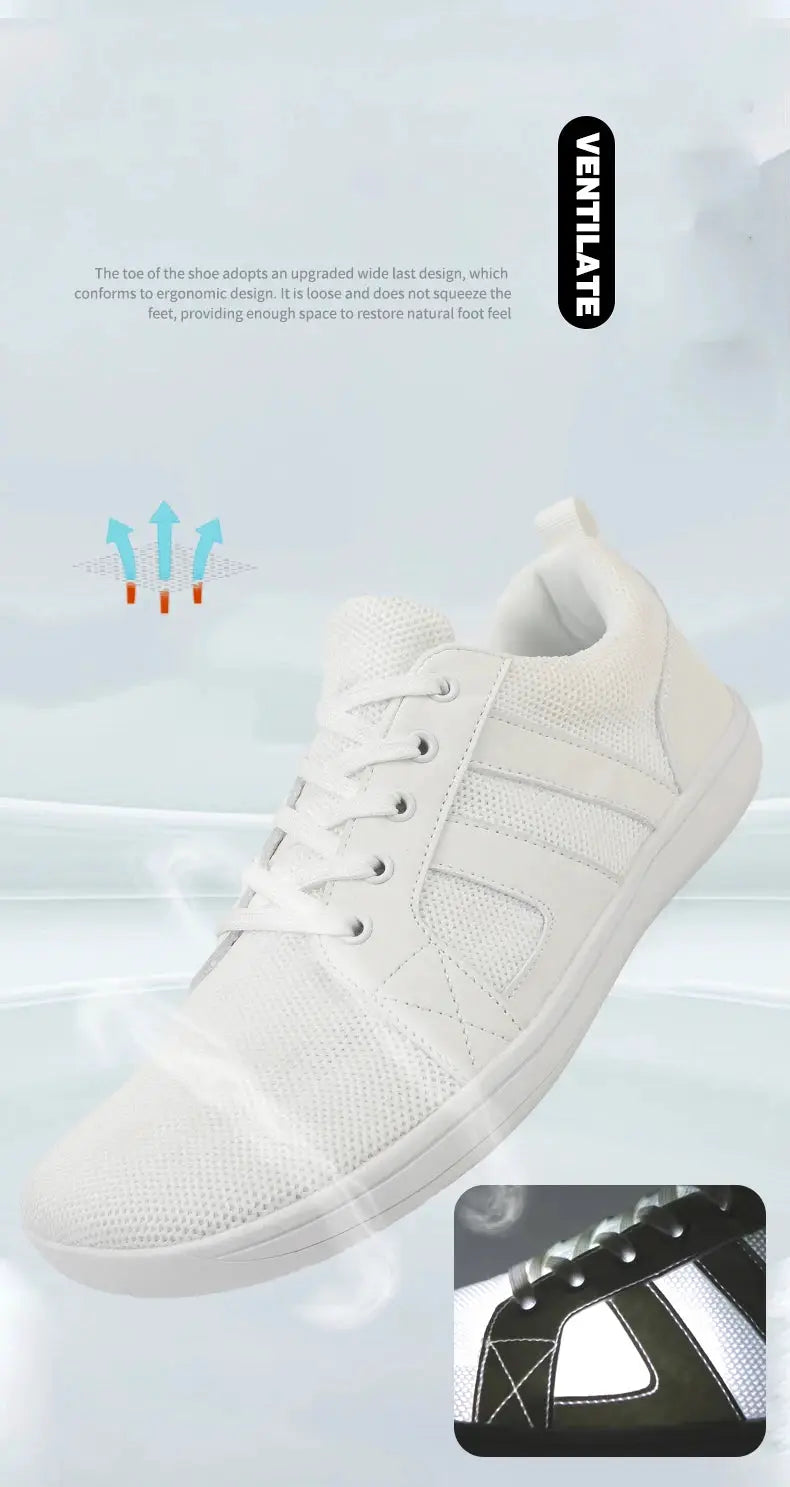 Wide-toe white casual sneakers with mesh upper and lace-up; Ventilate inset shows black version.