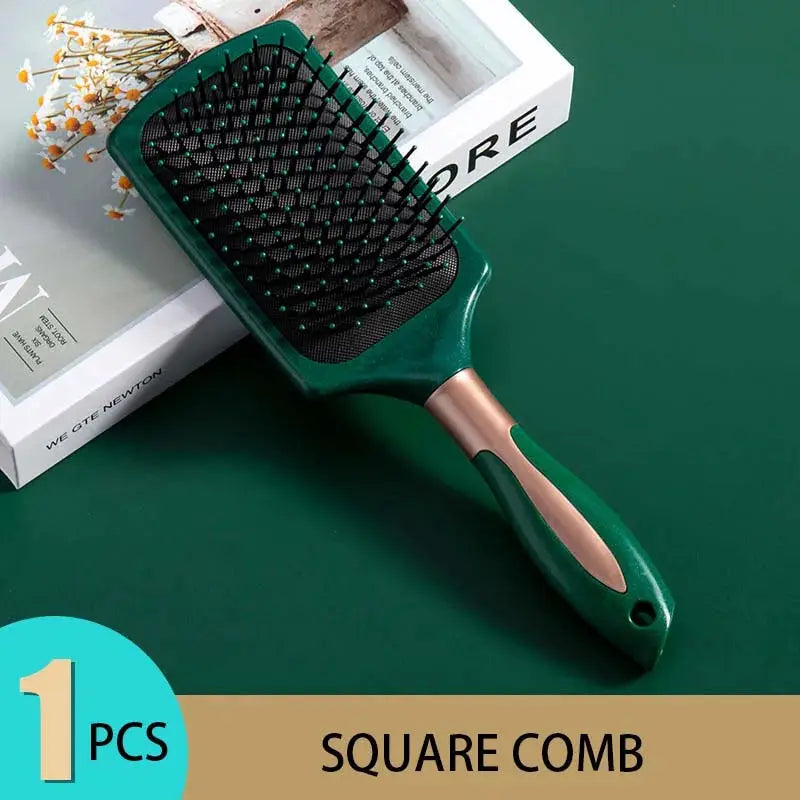 KLINA Hair Massage Air Cushion Comb Brush for detangling; green handle with rose-gold accent, anti-static bristles