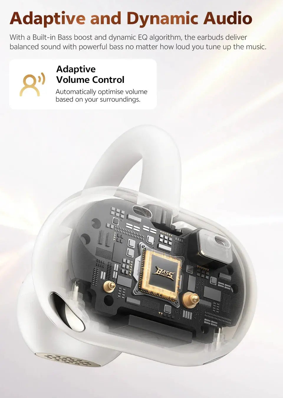 QCY Crossky C50 open-ear wireless earbuds in white with a transparent shell showcasing internal circuitry.
