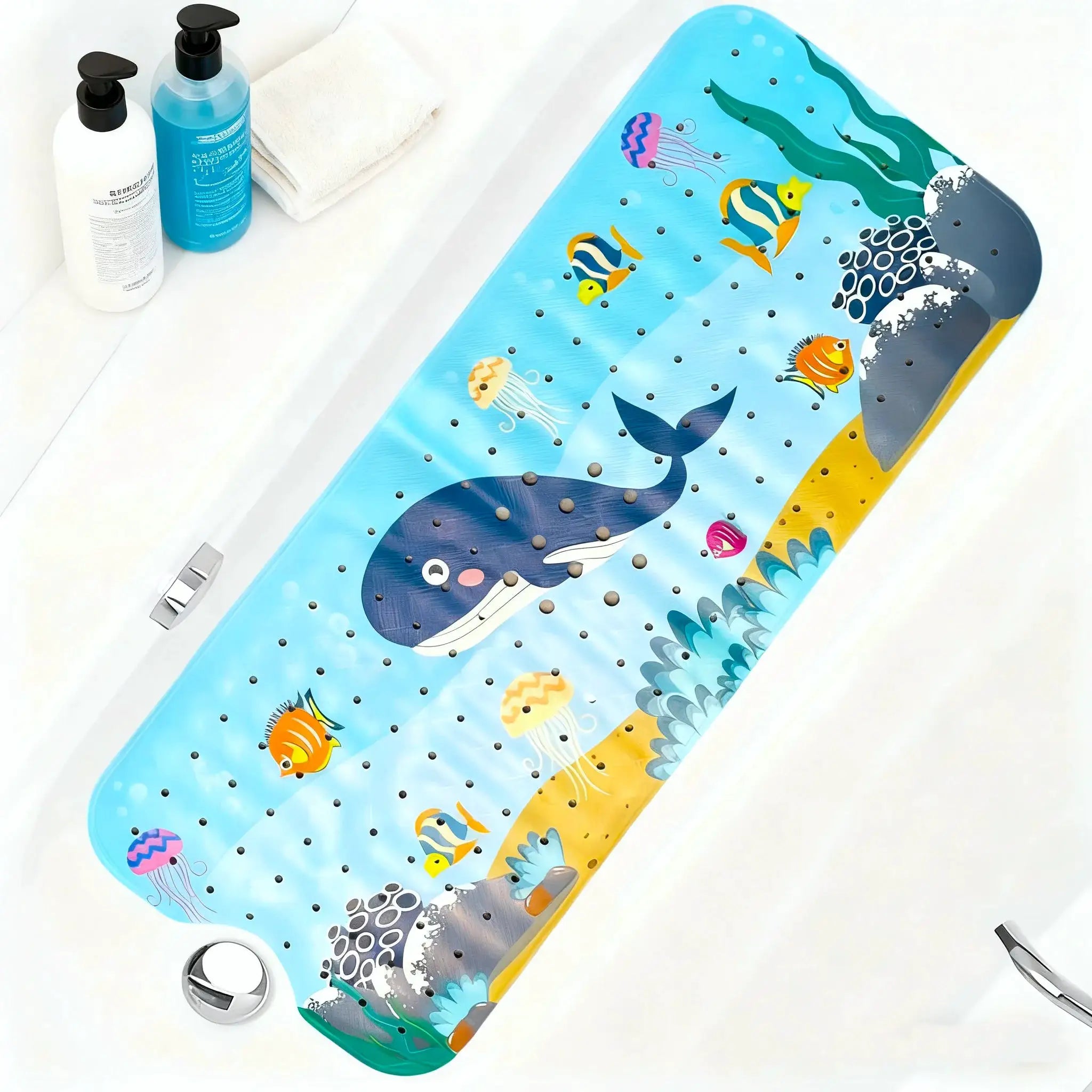 Cartoon bathtub mat by Simples Market, blue with sea creatures, extra long 40x100cm, non-slip with suction cups.