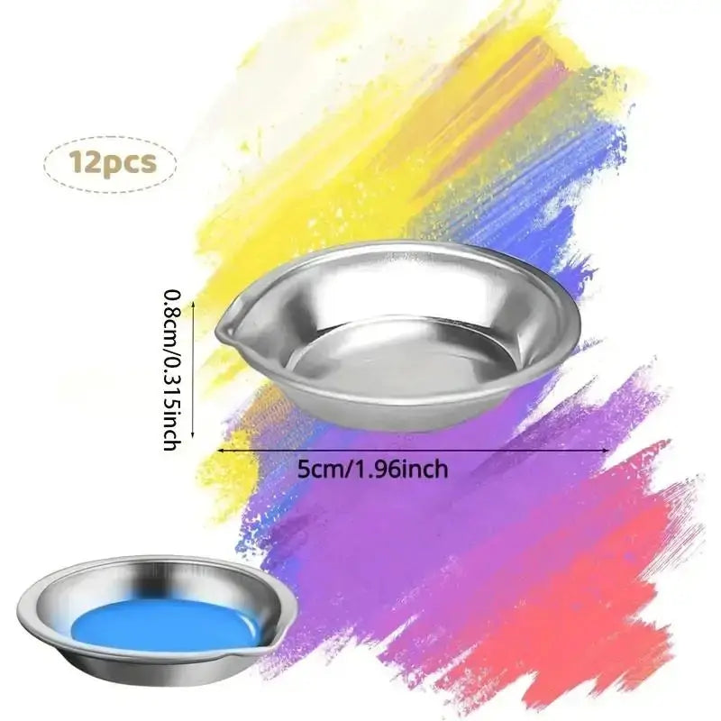 Artify 12Pcs Stainless Steel Small Round Paint Tray Set With Pouring Spouts For Precise Color Mixing