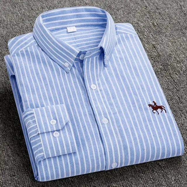 Casual cotton oxford shirt, blue/white vertical stripes, long sleeves, horse embroidery, regular fit.