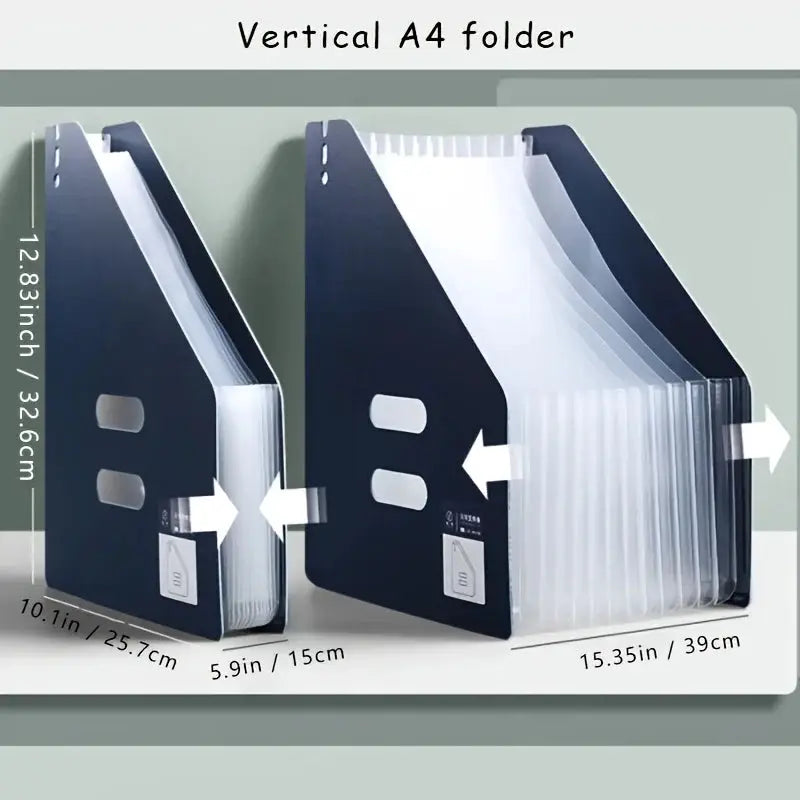 Simples Market vertical A4 foldable file storage box with multiple pockets; navy exterior, white translucent sleeves