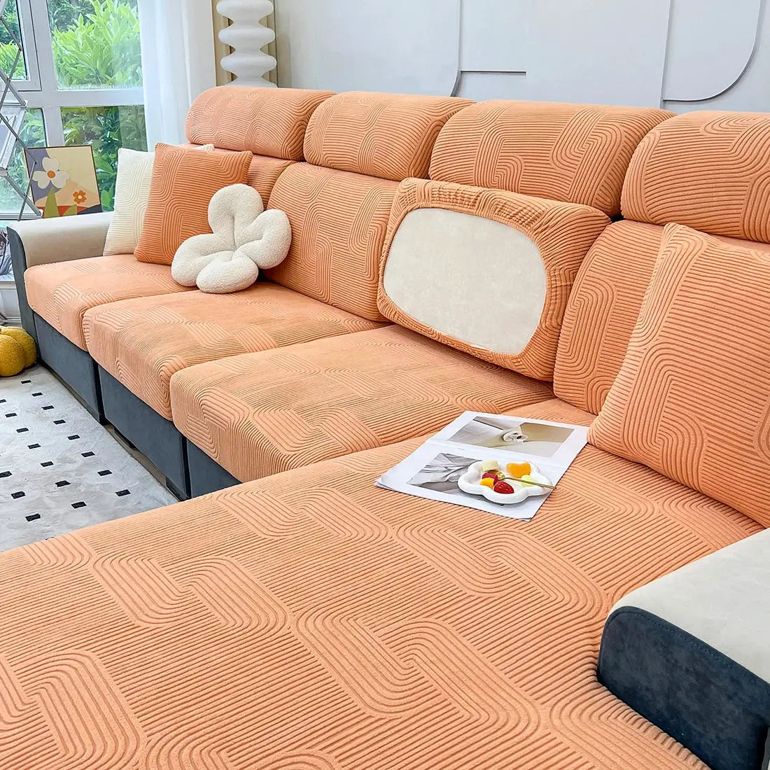 Sofa seat cushion cover set in orange jacquard thick-stretch fabric, removable and washable.