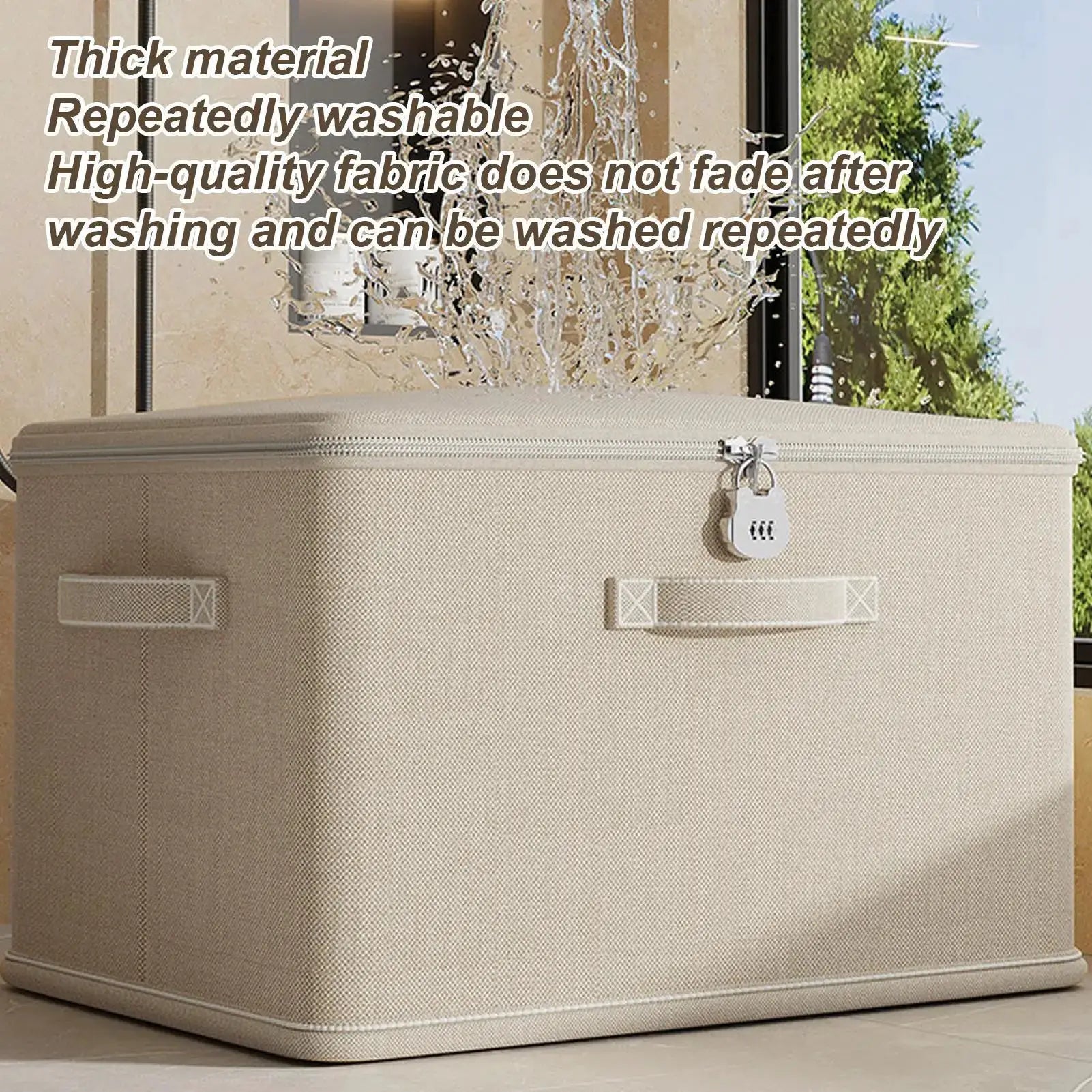 Beige fabric lockable storage box with zipper lid, side handles and padlock.