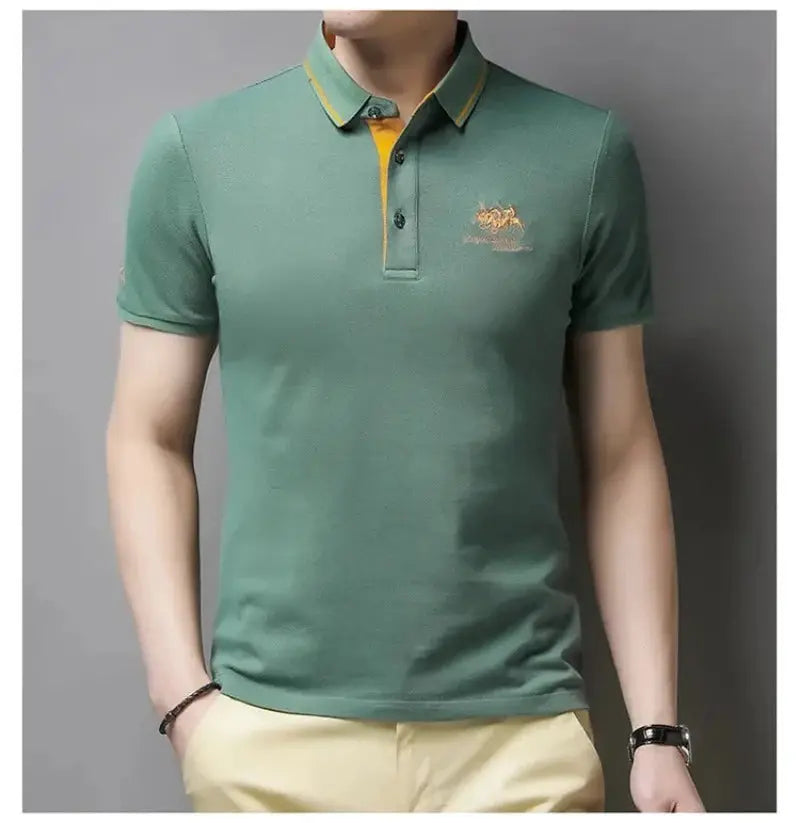 Men's green polo shirt with short sleeves, chest embroidery and yellow placket trim by Simples Market