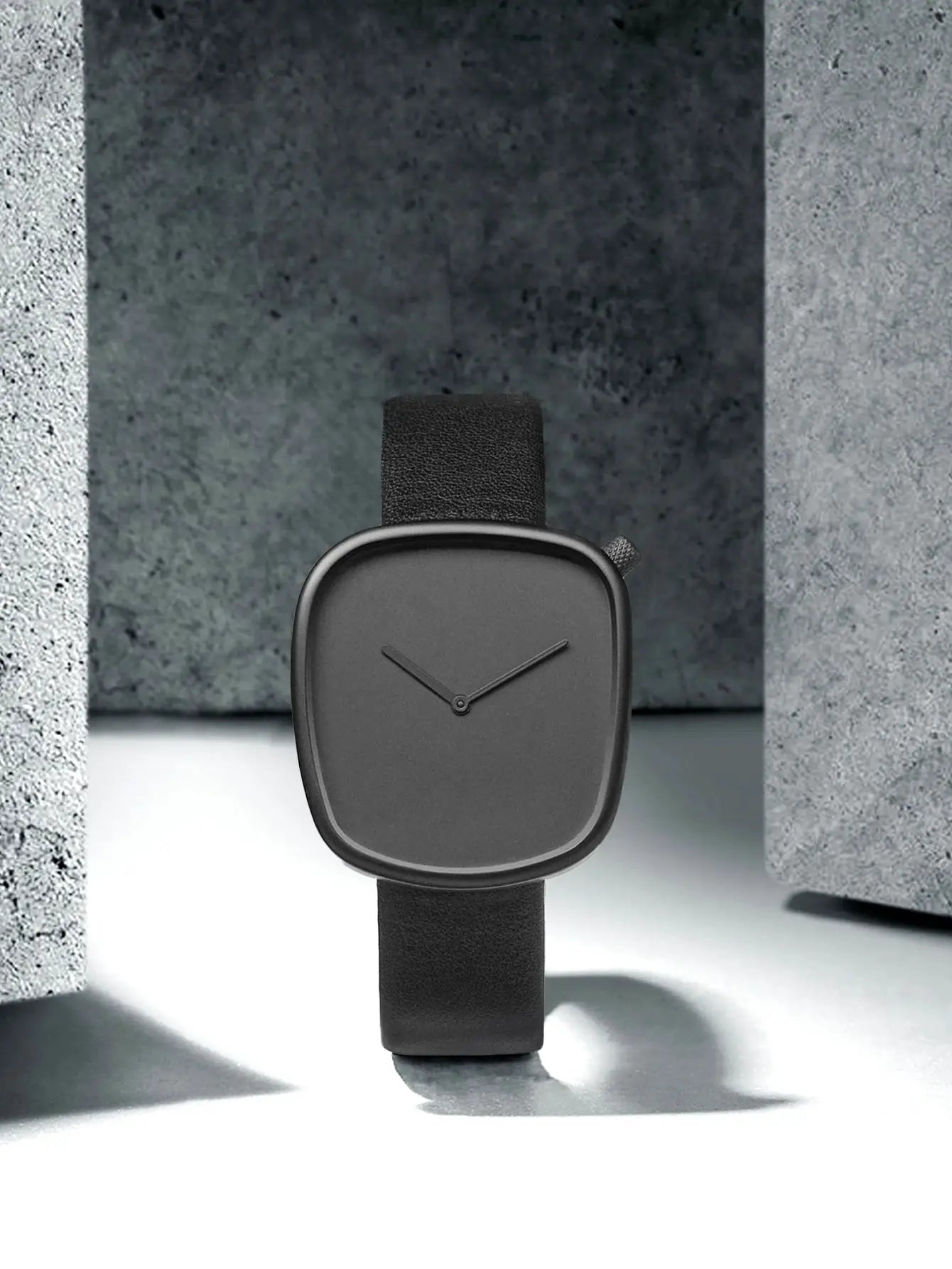 TOMI Watch, minimalist square black dial with textured black strap and quartz movement
