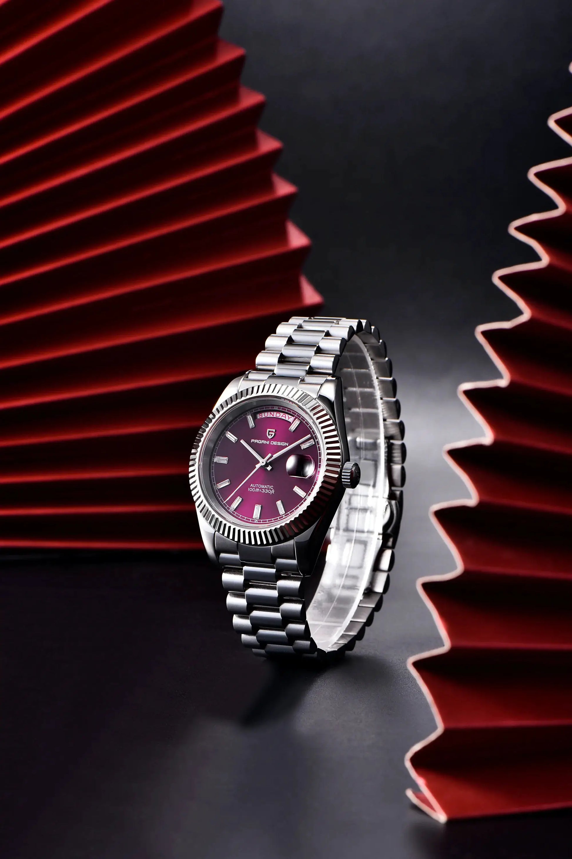 Pagani Design DD40 men's stainless steel watch with purple dial and date window