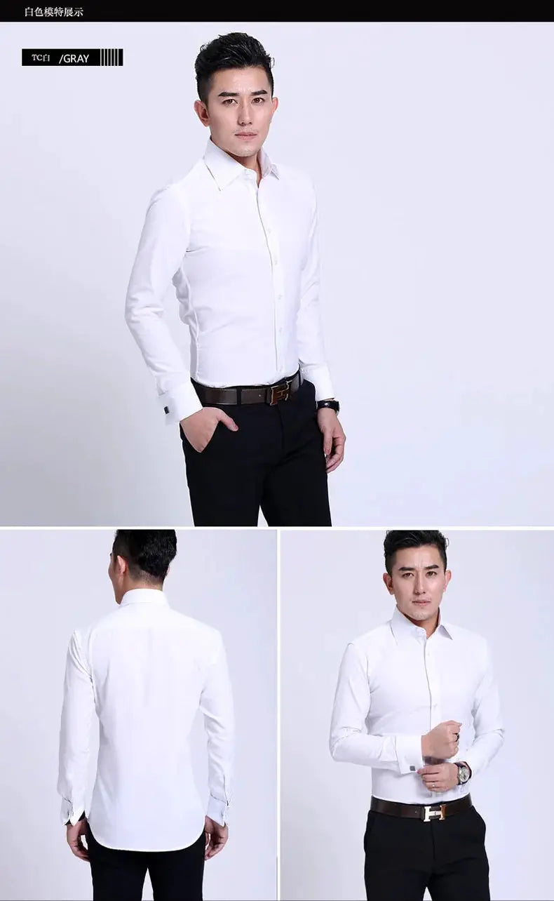 Men's slim-fit white dress shirt with long sleeves for business formal wear