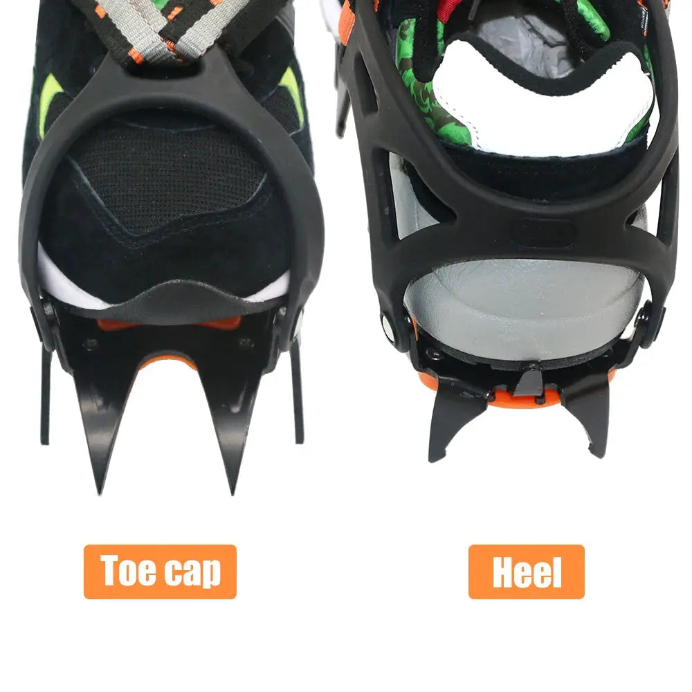 12-tooth ice crampons, stainless steel spikes, black with orange accents, pair