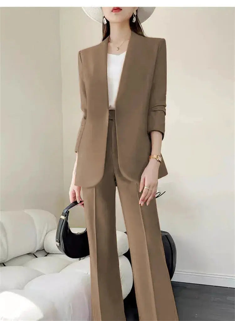 Tan brown 2-piece women's suit set with blazer and wide-leg pants