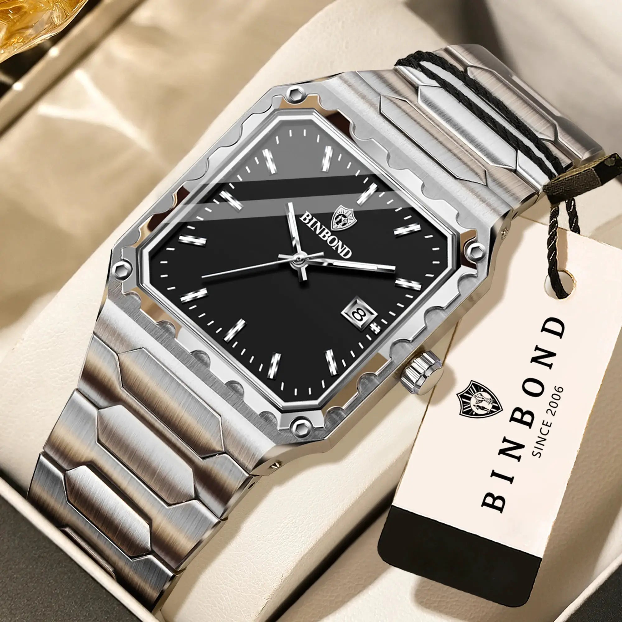 BINBOND men's luxury stainless steel quartz watch with black dial and octagonal bezel