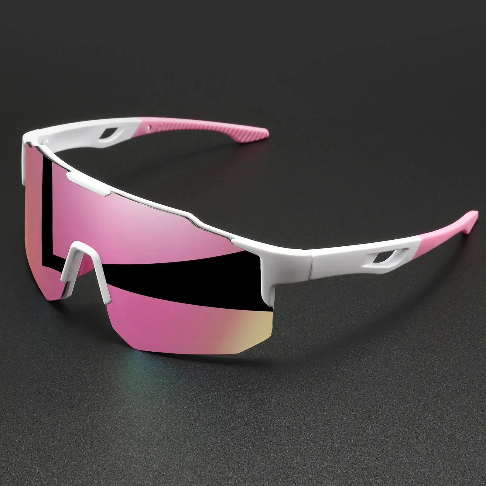 Oversized wraparound sports sunglasses with white frame, pink mirrored lenses and pink temple tips