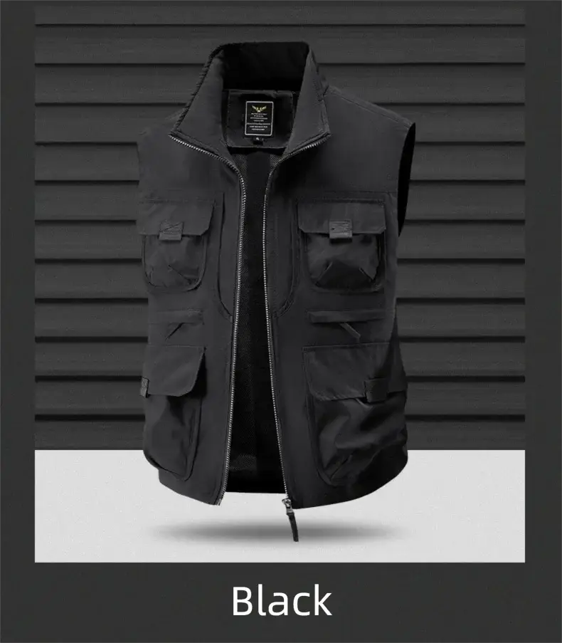 Men's outdoor multi-pocket vest, black, breathable, zip-front with chest and cargo pockets