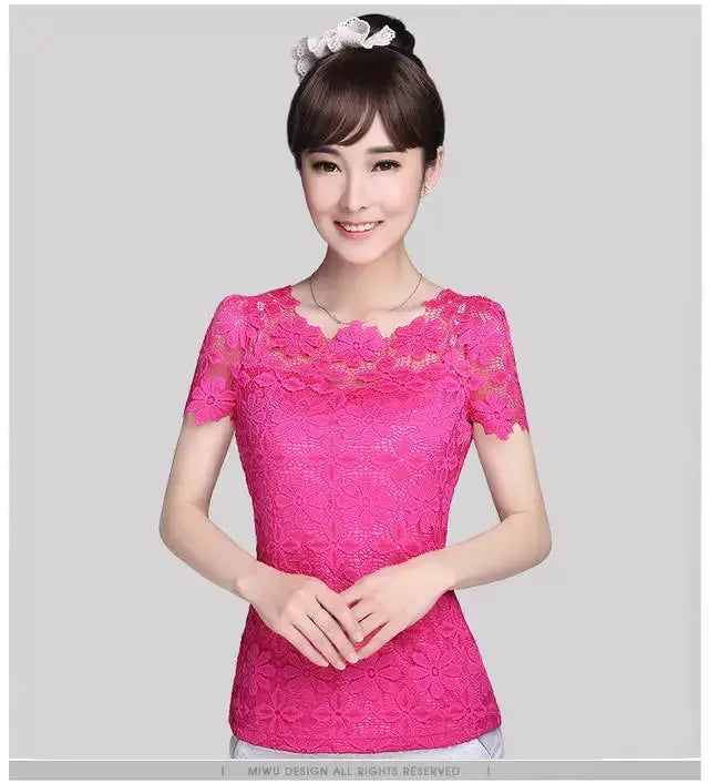 Pink lace women's blouse top, short-sleeve floral pattern by Simples Market