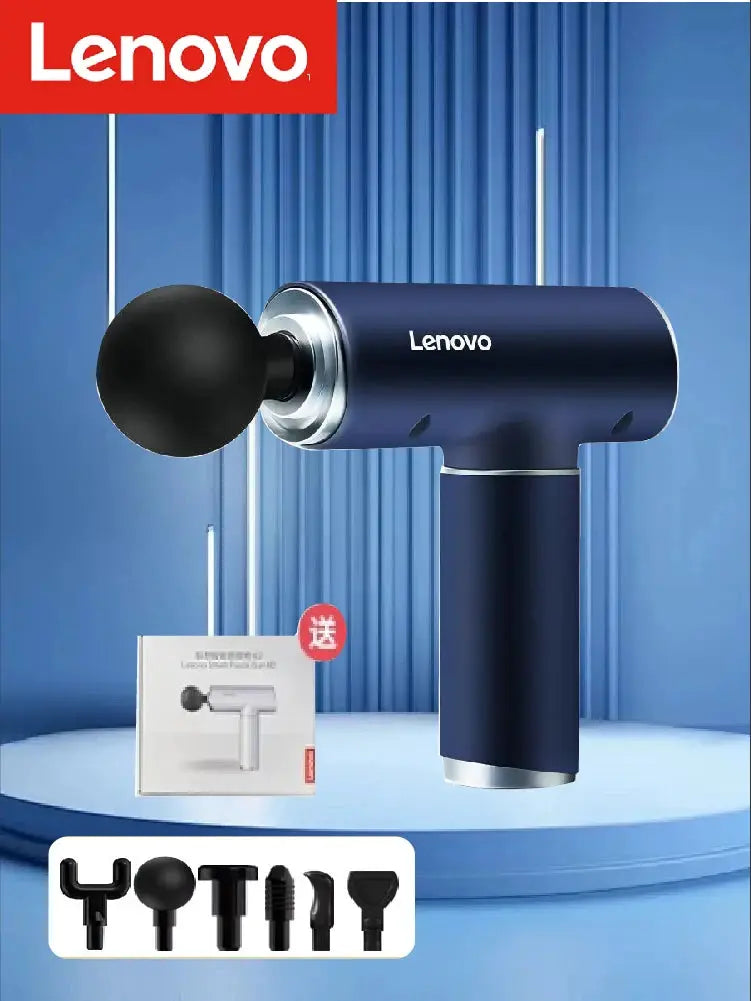 Lenovo fascia gun massager N2/N3 series, blue handheld device with 6-8 massage heads and attachment kit