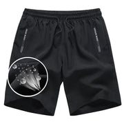Men's black gym shorts with drawstring, zip pockets and quick-dry breathable fabric.